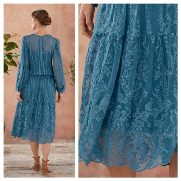 Sundance Seaspell Midi Dress Sheer Floral Lace Embroidered Silk Long Sleeve S - Picture 3 of 16